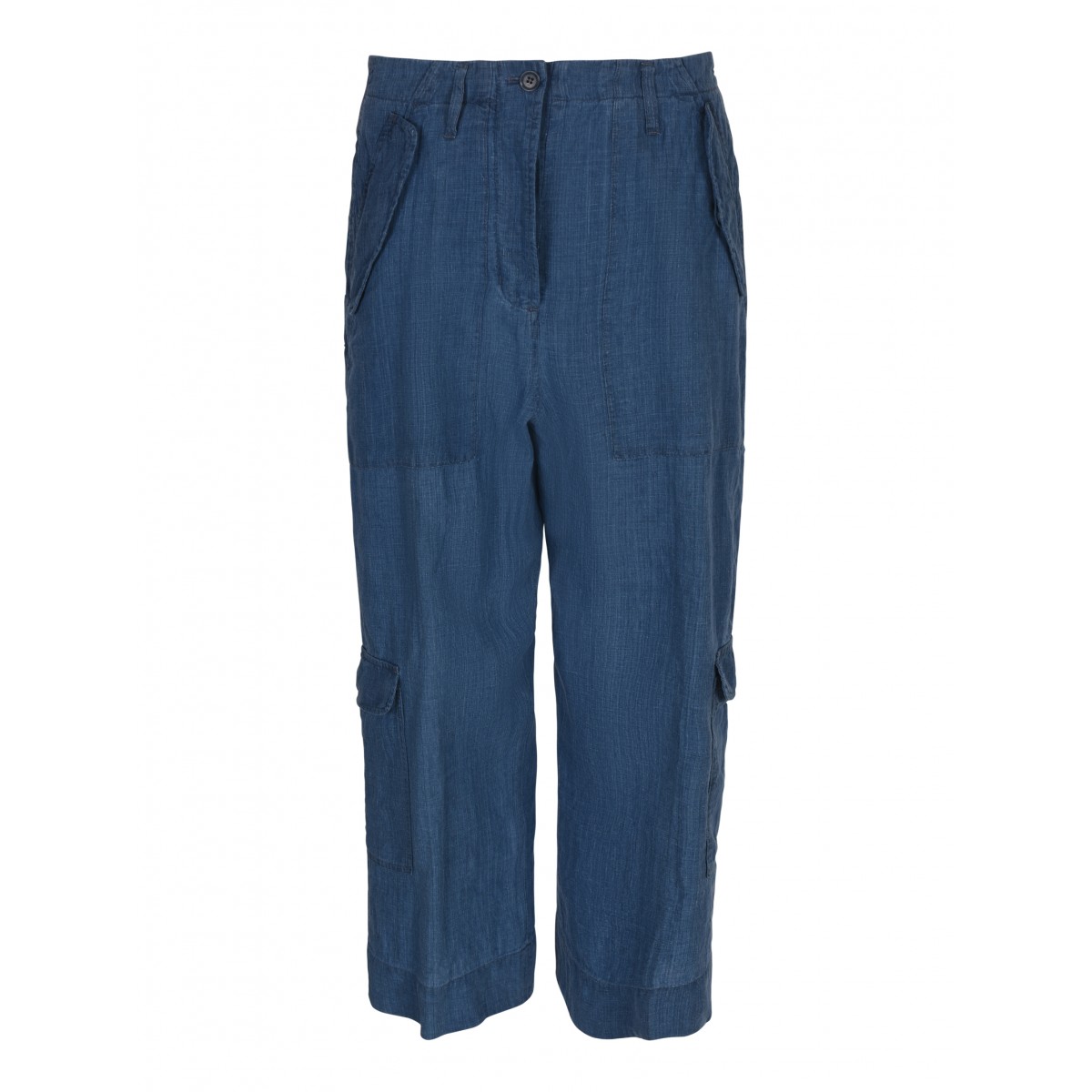 Blue Linen Cropped Cargo Pants